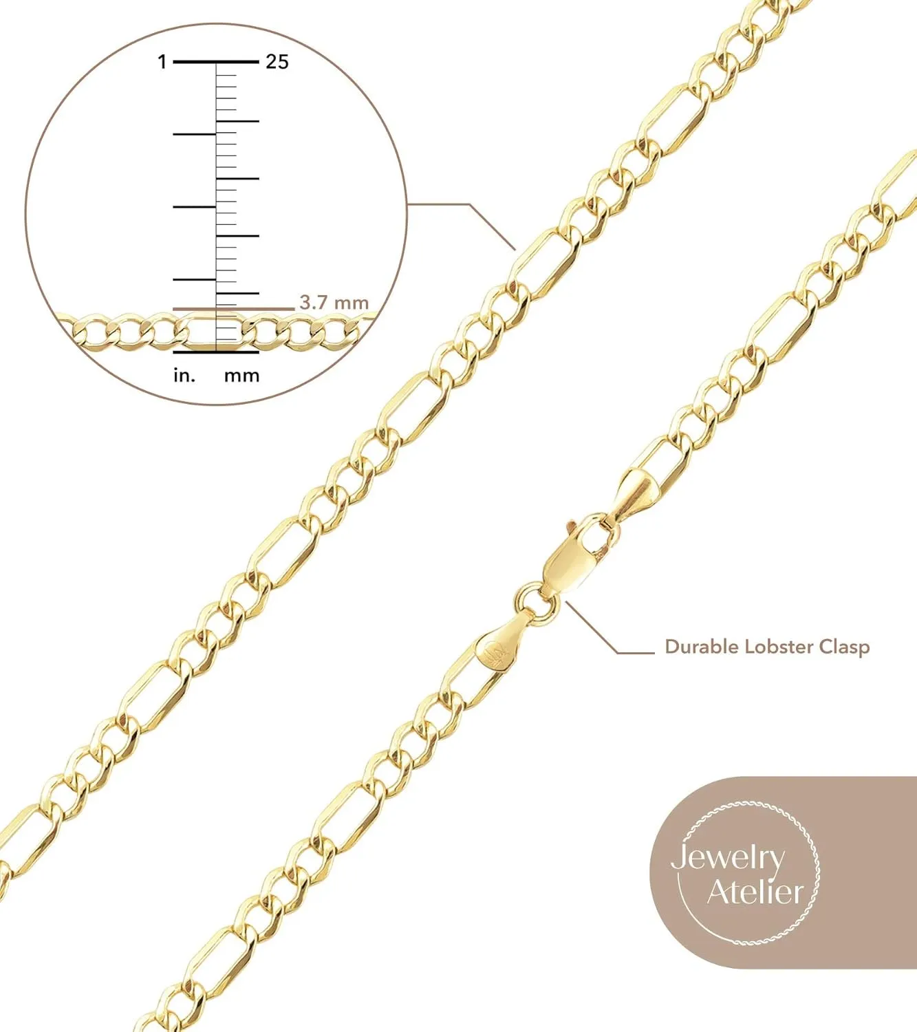 Jewelry Atelier Gold Chain Necklace Collection - 14K Solid Yellow Gold Filled Figaro Chain Necklaces for Women and Men with Different Sizes (2.8mm, 3.7mm, 4.7mm, 5.6mm)