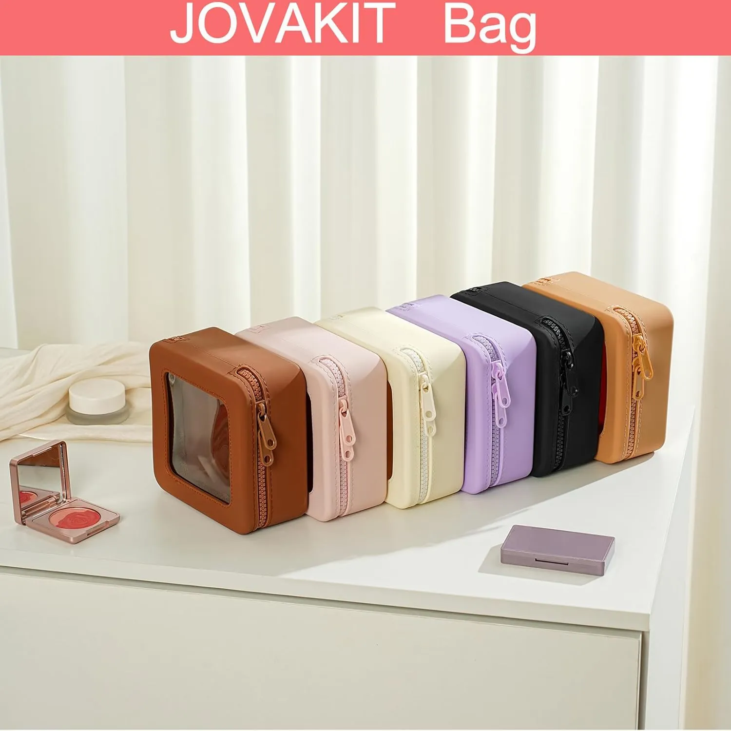 JOVAKIT Clear Makeup Bag Square Portable Silicone Travel Cosmetic Bag for Women, Transparent Toiletry Bags, Gifts for Women Make Up Pouch Car Organizer Case with Zippers for Essentials (Khaki)
