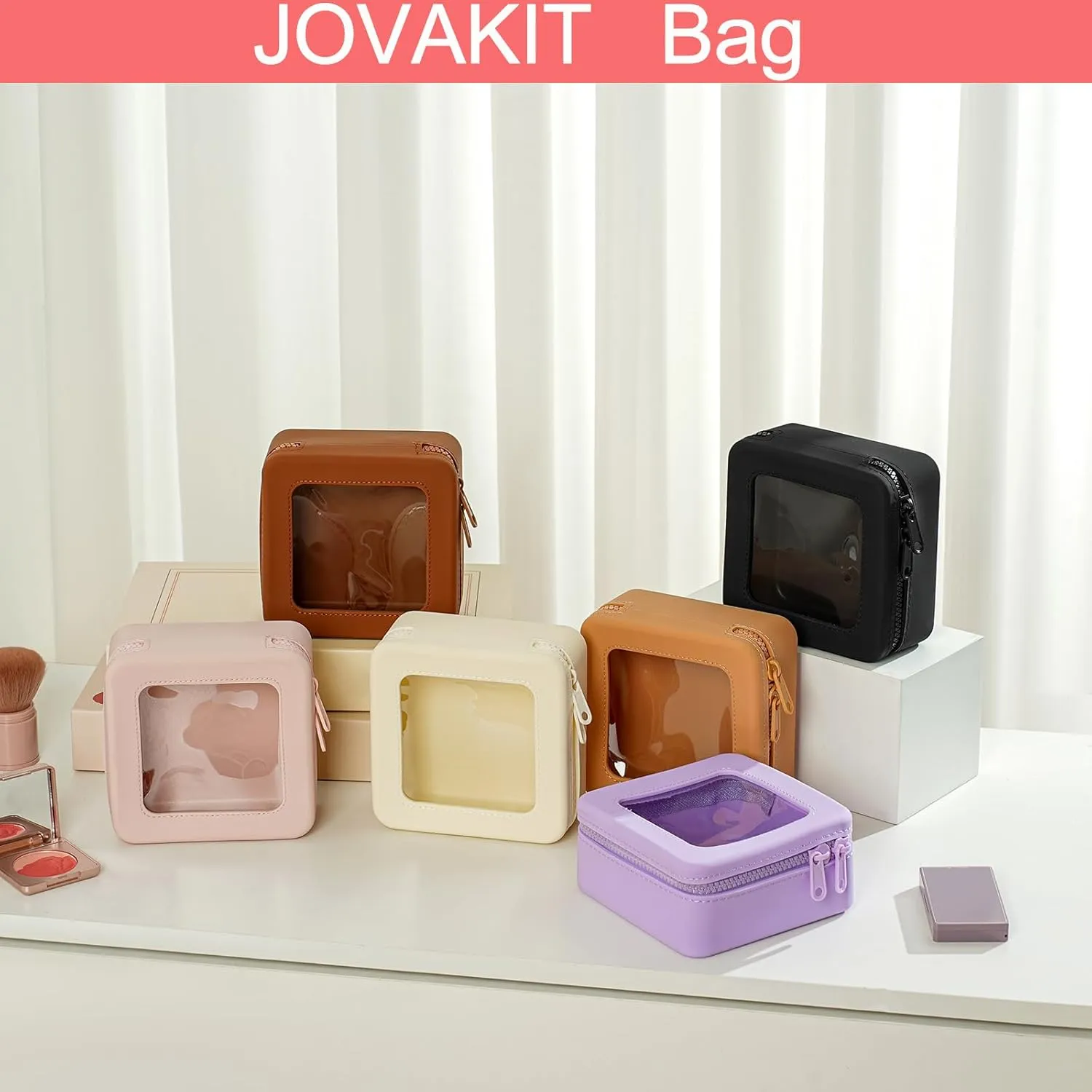 JOVAKIT Clear Makeup Bag Square Portable Silicone Travel Cosmetic Bag for Women, Transparent Toiletry Bags, Gifts for Women Make Up Pouch Car Organizer Case with Zippers for Essentials (Khaki)