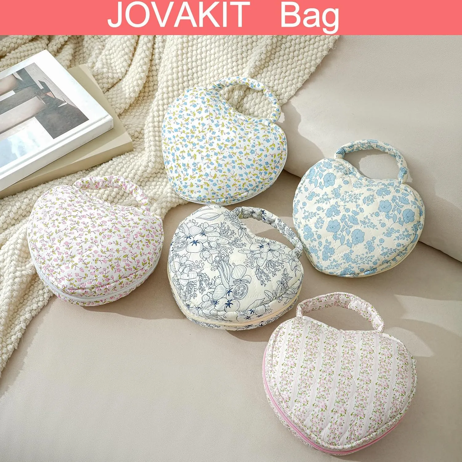 JOVAKIT Heart Shaped Quilted Makeup Bag Travel Cosmetic Bag for Women, Floral Coquette Cotton Makeup Case Toiletry Zipper Make Up Pouch with Handle, Travel Storage Organizer Pouch (Small Pink Flower)