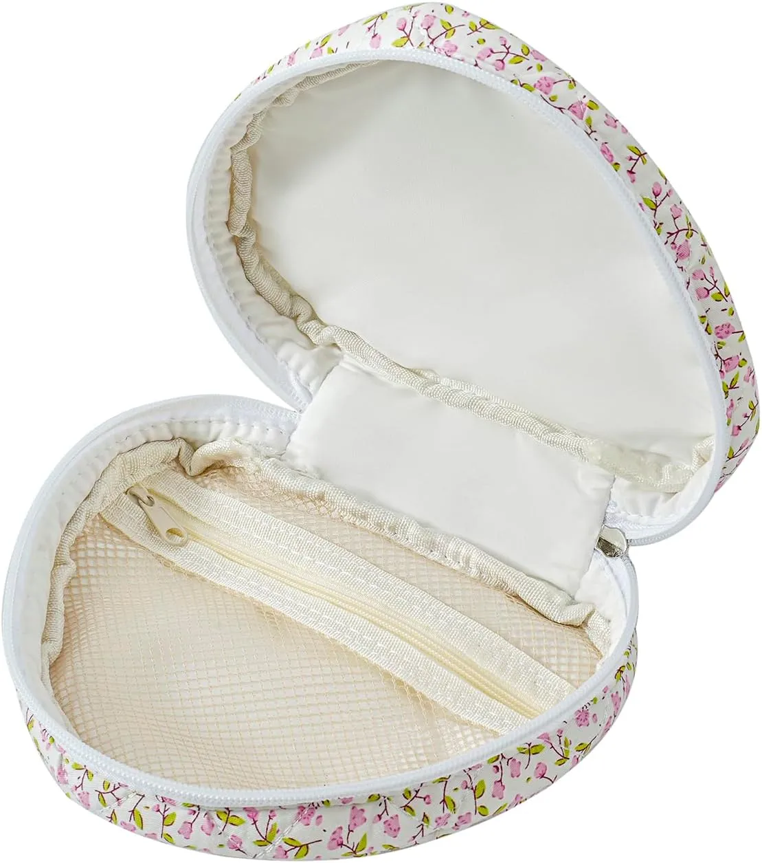 JOVAKIT Heart Shaped Quilted Makeup Bag Travel Cosmetic Bag for Women, Floral Coquette Cotton Makeup Case Toiletry Zipper Make Up Pouch with Handle, Travel Storage Organizer Pouch (Small Pink Flower)