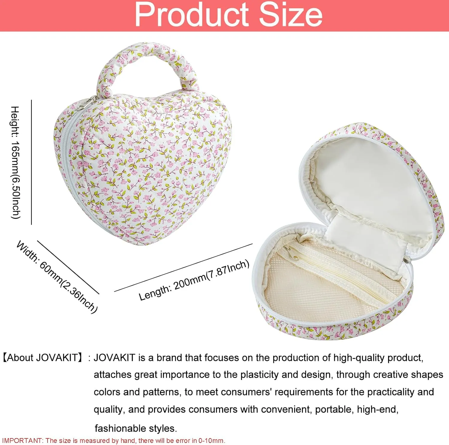 JOVAKIT Heart Shaped Quilted Makeup Bag Travel Cosmetic Bag for Women, Floral Coquette Cotton Makeup Case Toiletry Zipper Make Up Pouch with Handle, Travel Storage Organizer Pouch (Small Pink Flower)