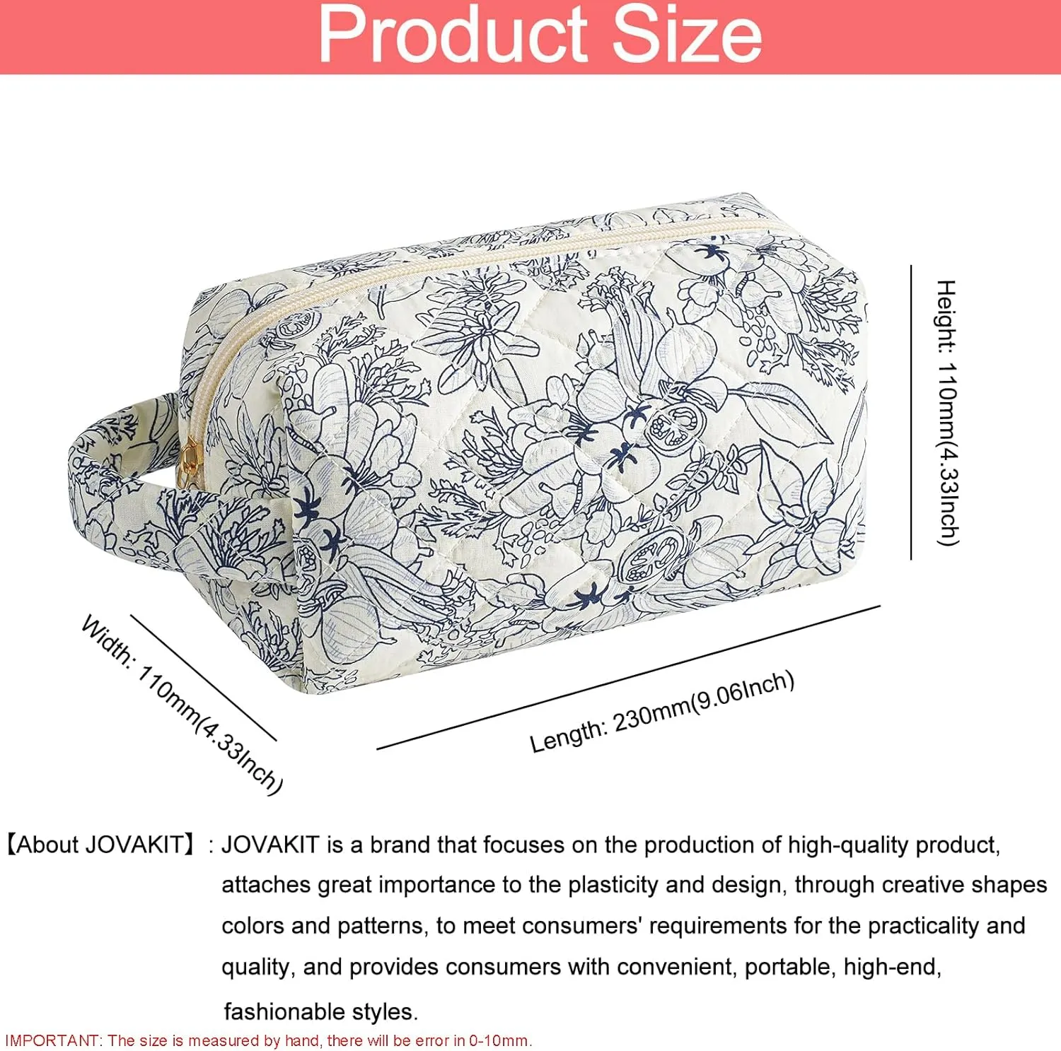 JOVAKIT Travel Makeup Bag Cosmetic Bag for Women, Christmas Gifts, Small Floral Flowers Coquette Toiletry Bag with Handle, Zipper Make Up Pouch Organizer Bag Trendy Stuff (Navy Blue Flower)