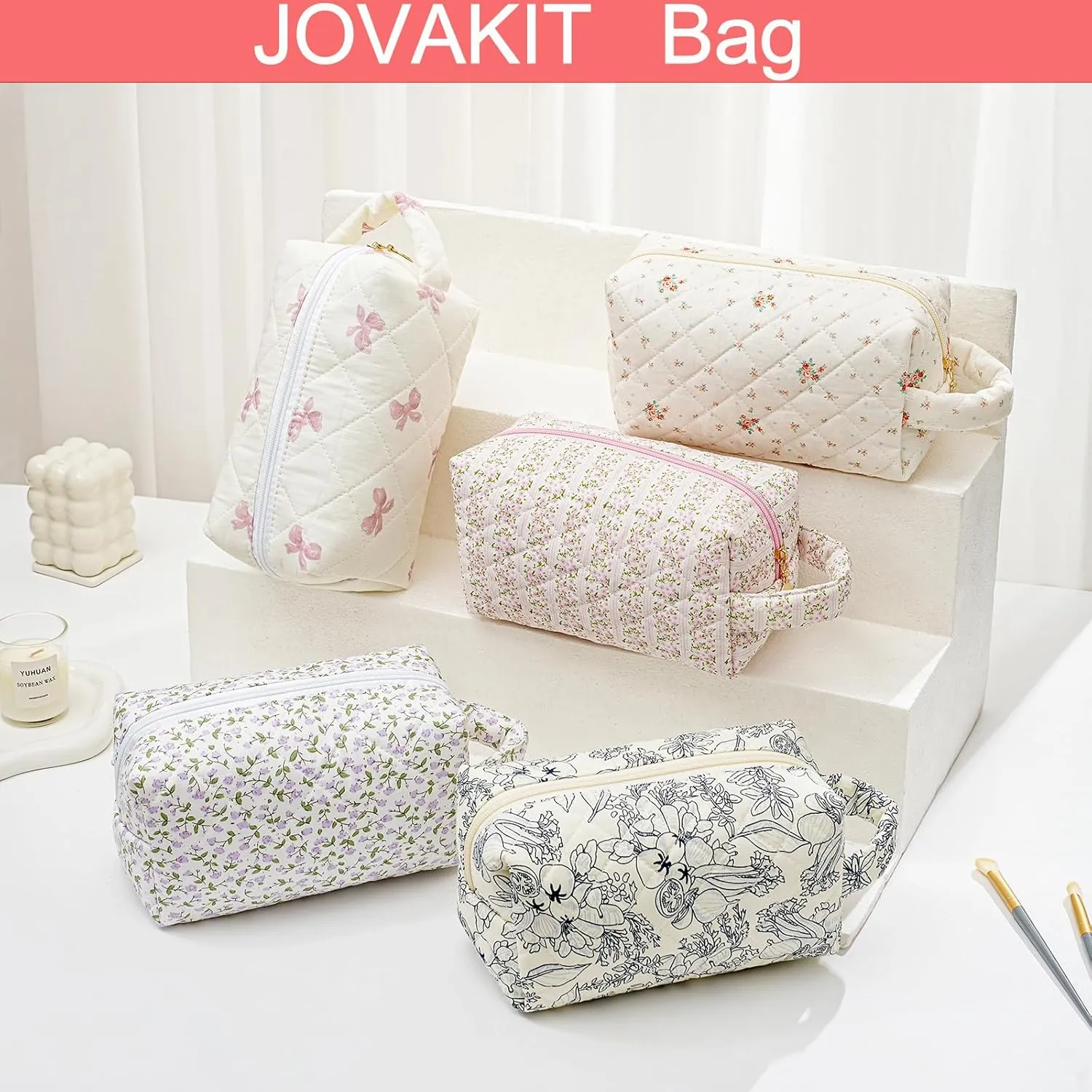 JOVAKIT Travel Makeup Bag Cosmetic Bag for Women, Christmas Gifts, Small Floral Flowers Coquette Toiletry Bag with Handle, Zipper Make Up Pouch Organizer Bag Trendy Stuff (Navy Blue Flower)
