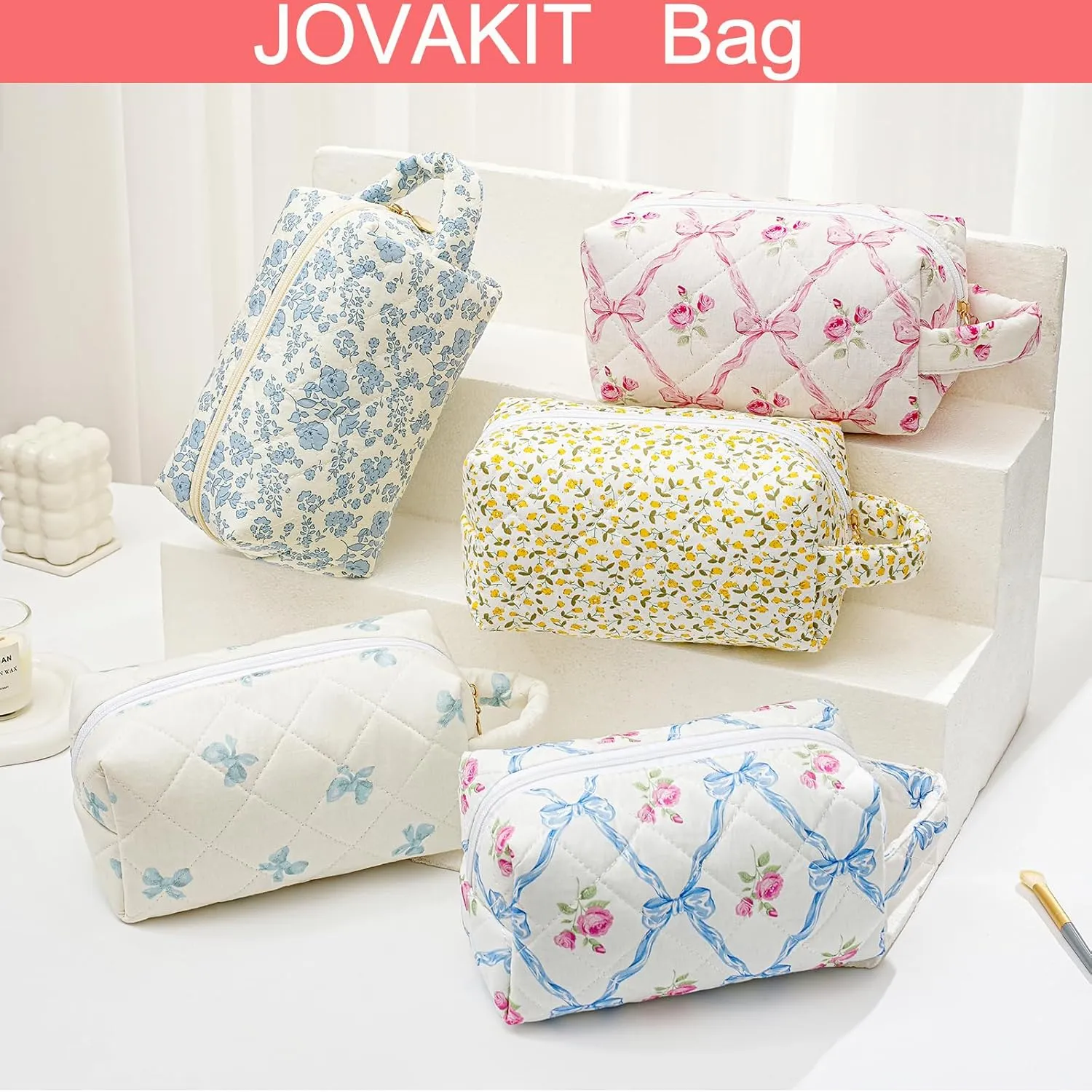JOVAKIT Travel Makeup Bag Cosmetic Bag for Women, Christmas Gifts, Small Floral Flowers Coquette Toiletry Bag with Handle, Zipper Make Up Pouch Organizer Bag Trendy Stuff (Navy Blue Flower)