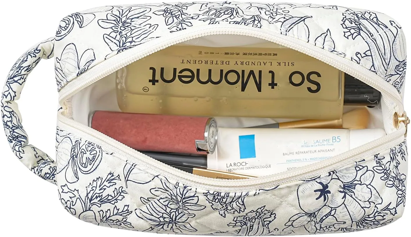 JOVAKIT Travel Makeup Bag Cosmetic Bag for Women, Christmas Gifts, Small Floral Flowers Coquette Toiletry Bag with Handle, Zipper Make Up Pouch Organizer Bag Trendy Stuff (Navy Blue Flower)