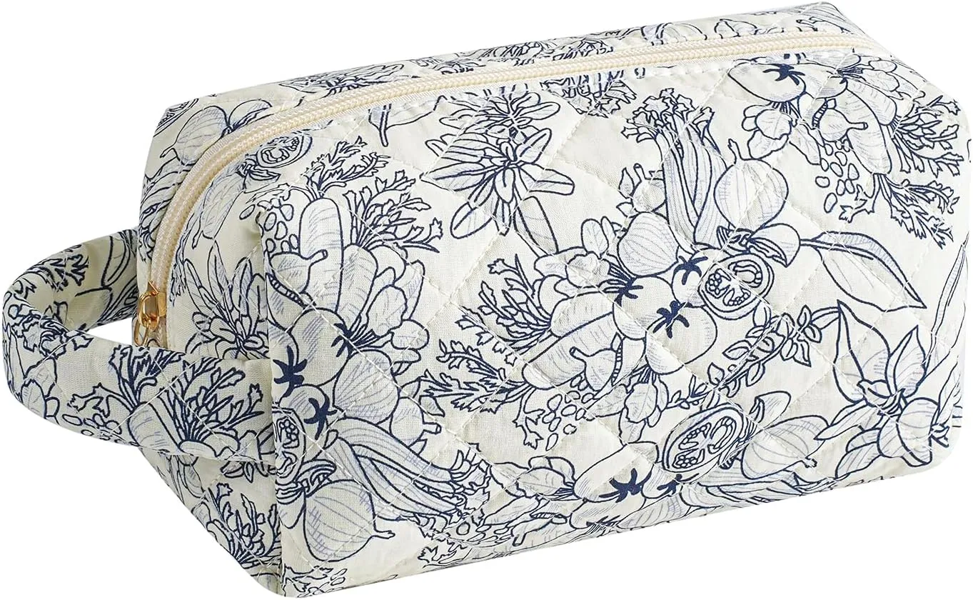 JOVAKIT Travel Makeup Bag Cosmetic Bag for Women, Christmas Gifts, Small Floral Flowers Coquette Toiletry Bag with Handle, Zipper Make Up Pouch Organizer Bag Trendy Stuff (Navy Blue Flower)