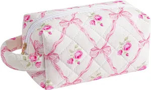 JOVAKIT Travel Makeup Bag Cosmetic Bag for Women, Fashion Christmas Gifts, Floral Flowers Coquette Toiletry Bag with Handle, Zipper Make Up Pouch Organizer Bag Trendy Stuff (Pink Bowknot)