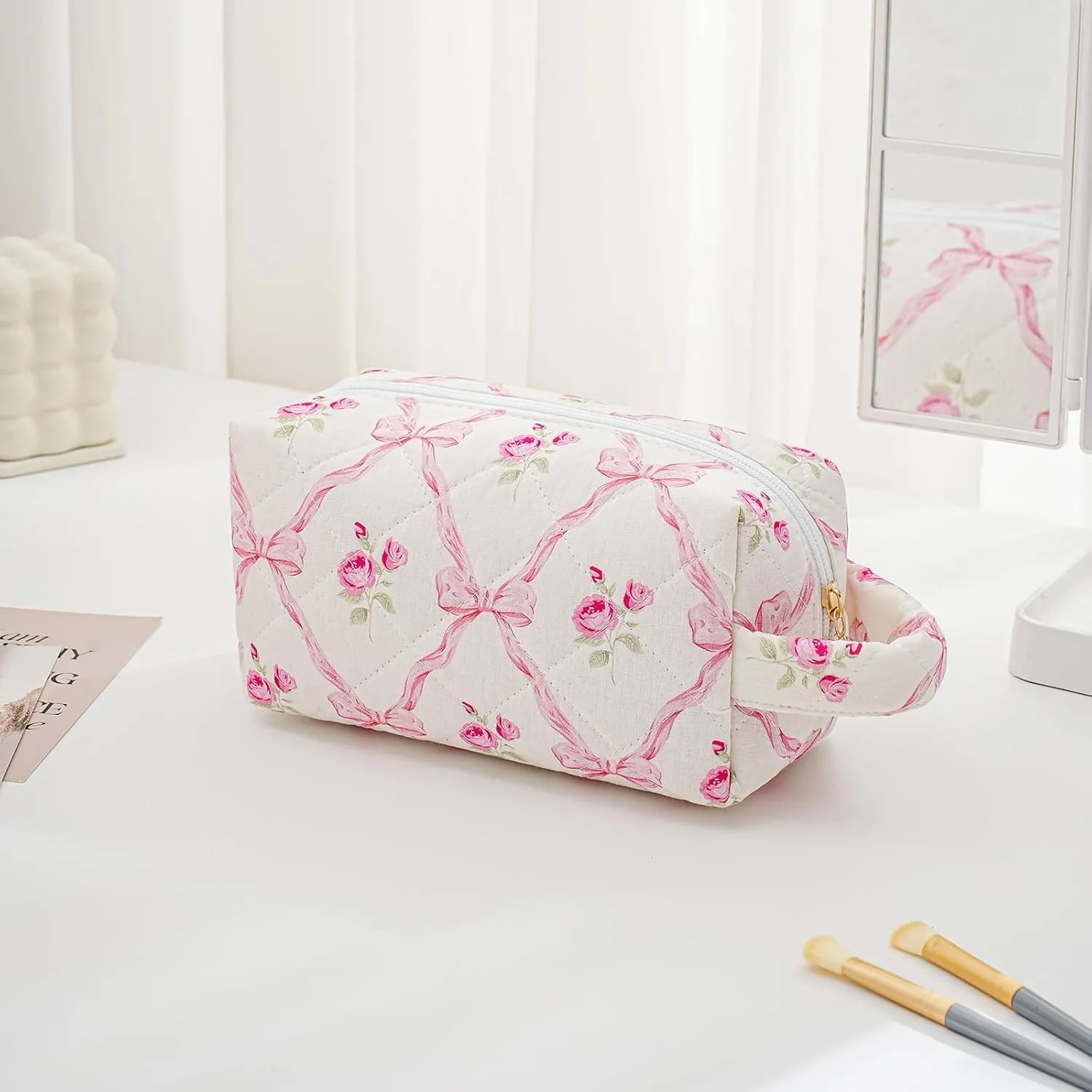 JOVAKIT Travel Makeup Bag Cosmetic Bag for Women, Fashion Christmas Gifts, Floral Flowers Coquette Toiletry Bag with Handle, Zipper Make Up Pouch Organizer Bag Trendy Stuff (Pink Bowknot)