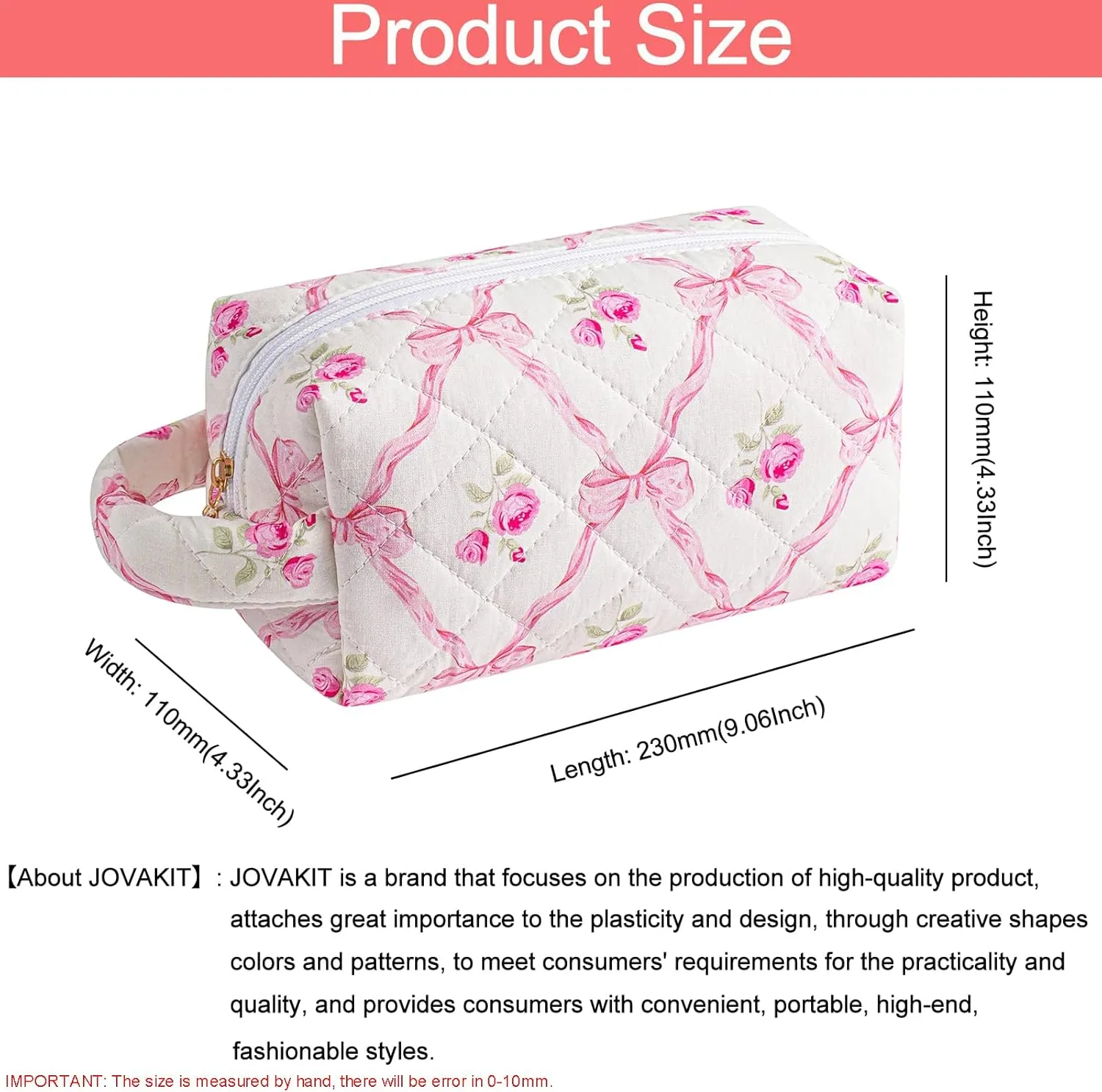 JOVAKIT Travel Makeup Bag Cosmetic Bag for Women, Fashion Christmas Gifts, Floral Flowers Coquette Toiletry Bag with Handle, Zipper Make Up Pouch Organizer Bag Trendy Stuff (Pink Bowknot)