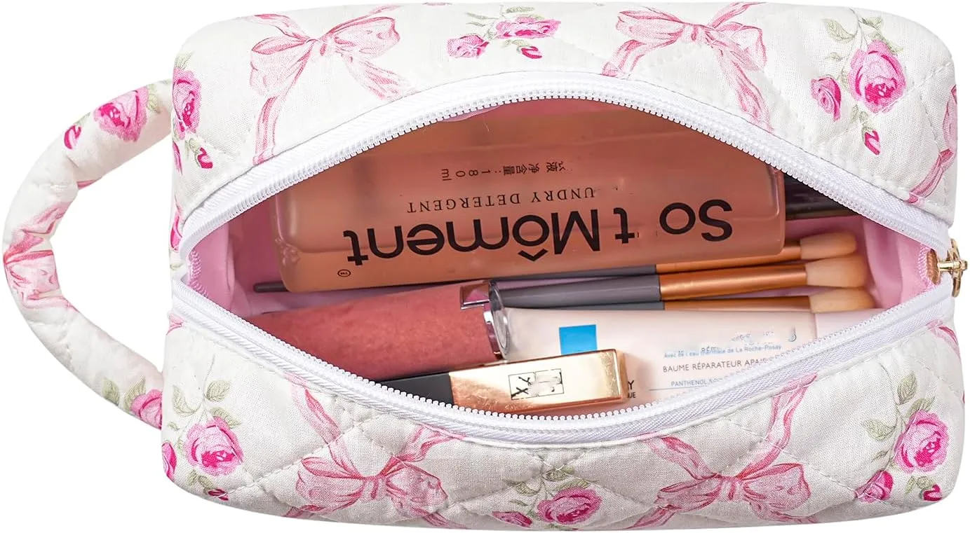 JOVAKIT Travel Makeup Bag Cosmetic Bag for Women, Fashion Christmas Gifts, Floral Flowers Coquette Toiletry Bag with Handle, Zipper Make Up Pouch Organizer Bag Trendy Stuff (Pink Bowknot)