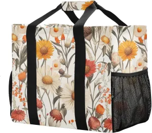 JUNZAN Vintage Beige Flowers Large Utility Tote Bag For Women Foldable Beach Tote Waterproof Resusable Shopping Bags with Handles Car Totes