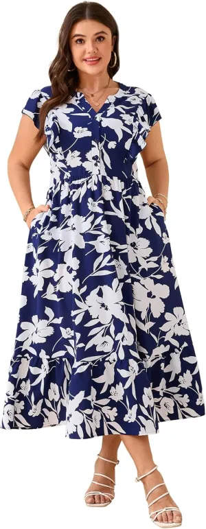 KOJOOIN Women Plus Size Summer Beach Boho Dress Ruffle Sleeveless V Neck Button Down Casual Wedding Guest Maxi Dresses