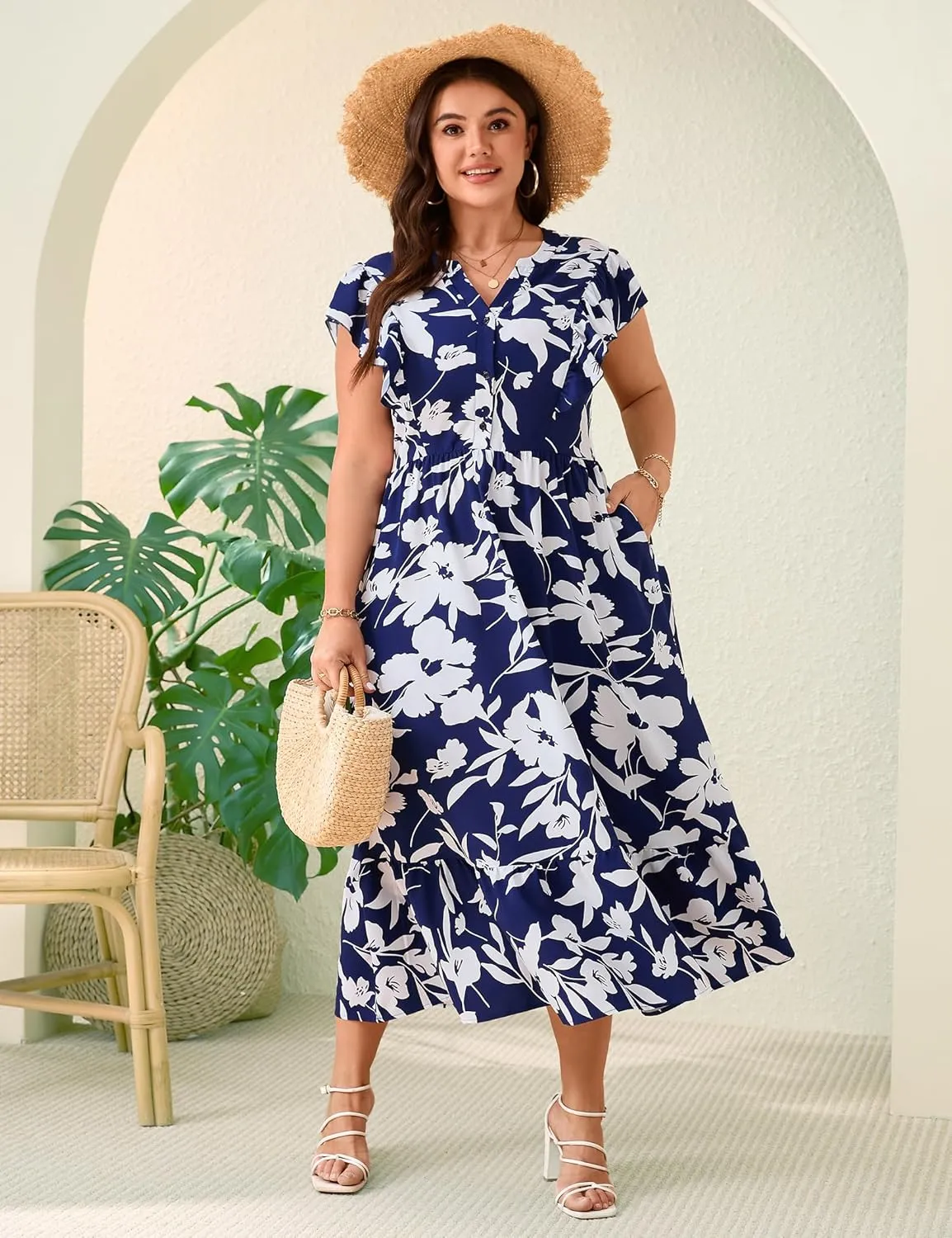 KOJOOIN Women Plus Size Summer Beach Boho Dress Ruffle Sleeveless V Neck Button Down Casual Wedding Guest Maxi Dresses