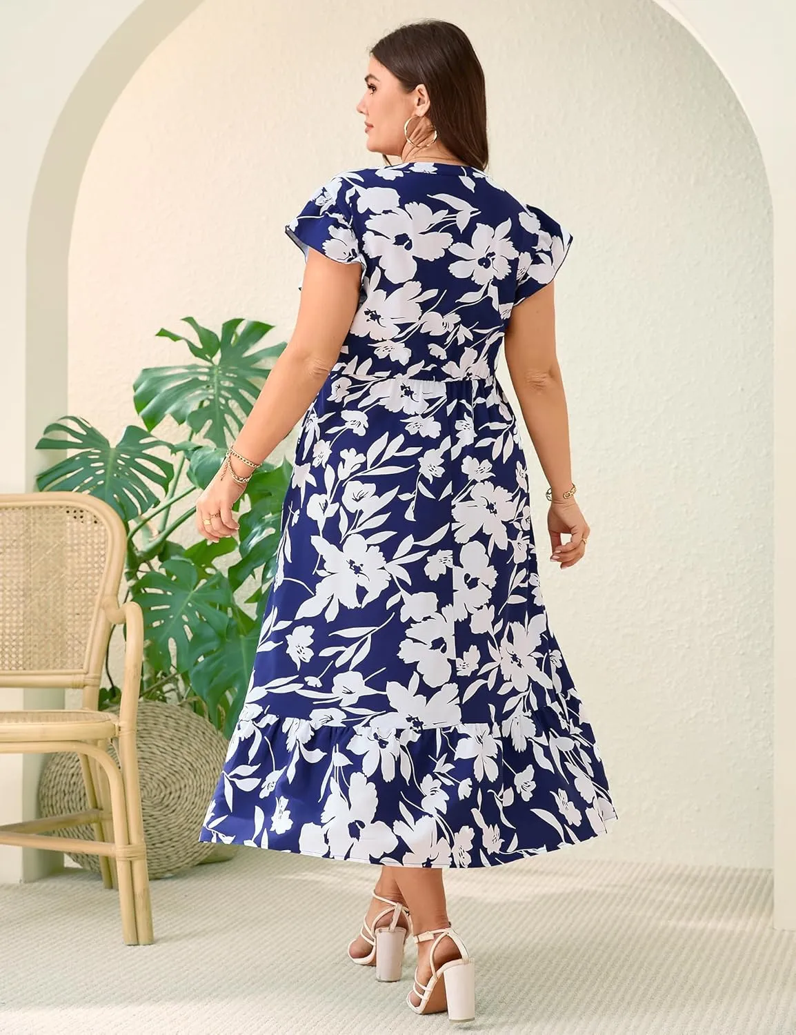 KOJOOIN Women Plus Size Summer Beach Boho Dress Ruffle Sleeveless V Neck Button Down Casual Wedding Guest Maxi Dresses