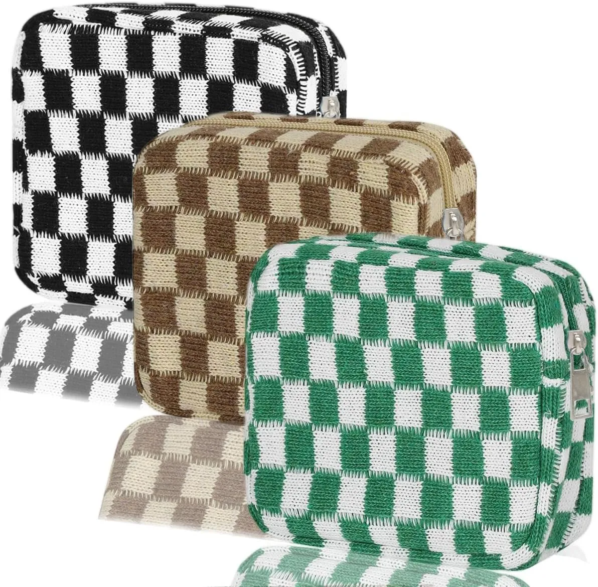 KOTORA 3pcs Checkered Mini Makeup Bag Pocket Cosmetic Bag Portable Aesthetic Preppy Makeup Bag for Women Mini Travel Makeup Organizer Storage Car Accessories (Black Green Brown)