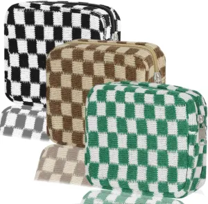KOTORA 3pcs Checkered Mini Makeup Bag Pocket Cosmetic Bag Portable Aesthetic Preppy Makeup Bag for Women Mini Travel Makeup Organizer Storage Car Accessories (Black Green Brown)
