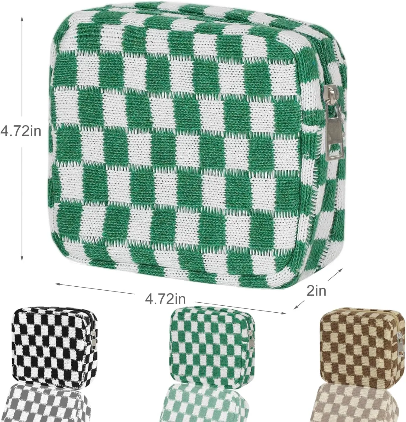 KOTORA 3pcs Checkered Mini Makeup Bag Pocket Cosmetic Bag Portable Aesthetic Preppy Makeup Bag for Women Mini Travel Makeup Organizer Storage Car Accessories (Black Green Brown)