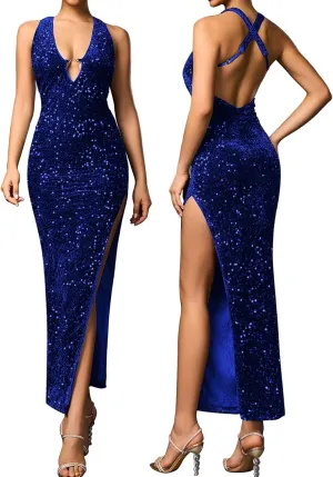 KUTUMAI Women Velvet Sequin Sparkly Maxi Dress Sexy V Neck Split Cocktail Formal Evening Dresses for 2024 Winter