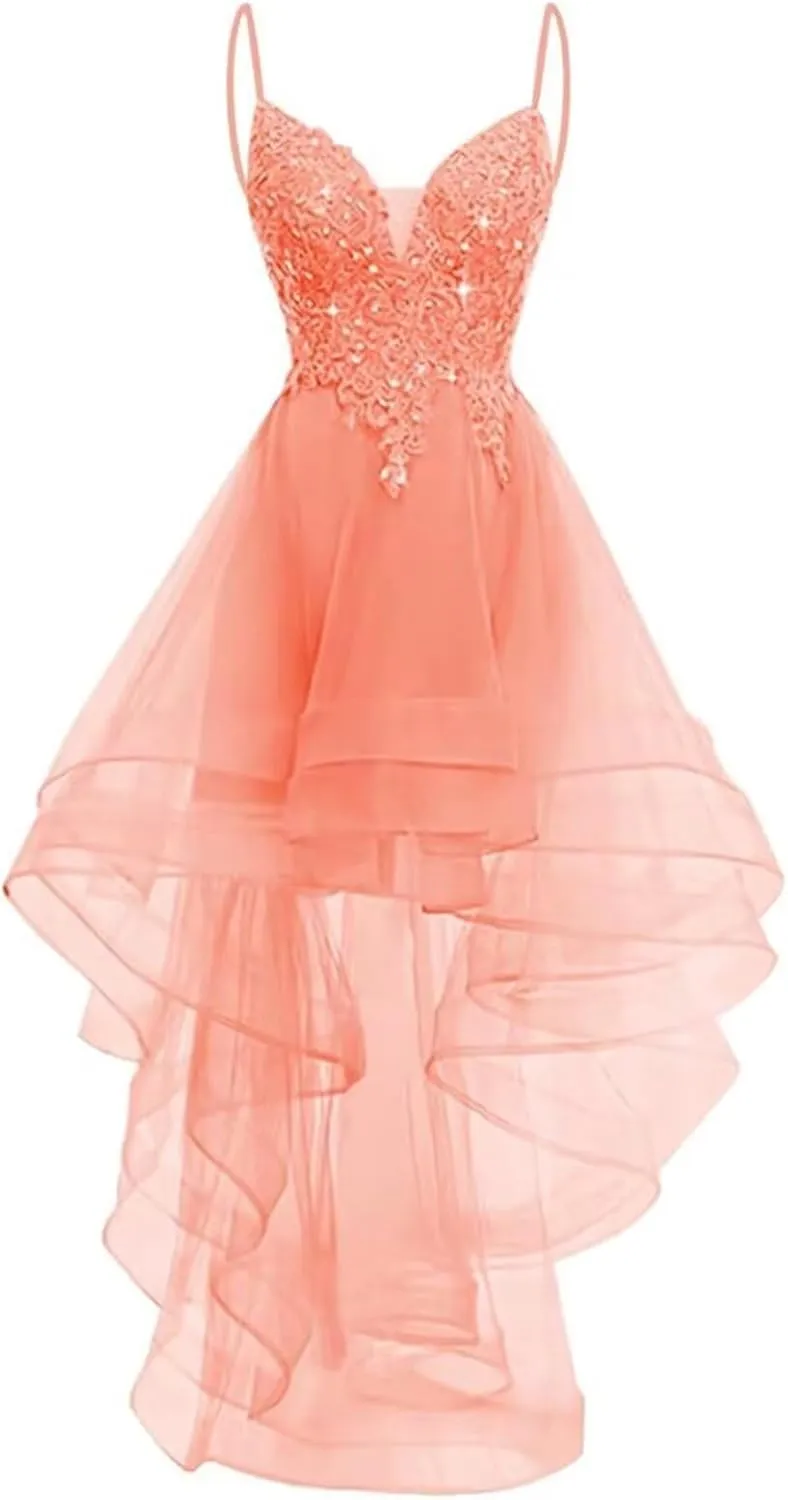 Lace Appliques Tulle Homecoming Dresses for Women Evening Party Prom Dress A Line High Low Cocktail Dresses