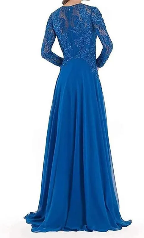 Lace Mother of The Bride Dresses for Wedding Long Sleeves Chiffon Formal Evening Gown Long Beaded A-Line Guest Dress