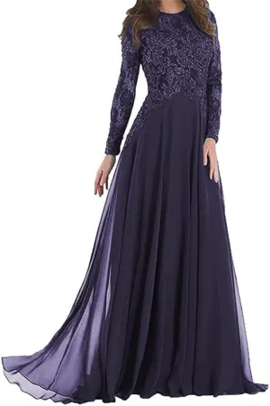 Lace Mother of The Bride Dresses for Wedding Long Sleeves Chiffon Formal Evening Gown Long Beaded A-Line Guest Dress