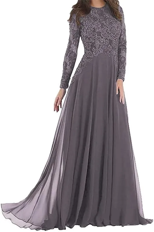 Lace Mother of The Bride Dresses for Wedding Long Sleeves Chiffon Formal Evening Gown Long Beaded A-Line Guest Dress
