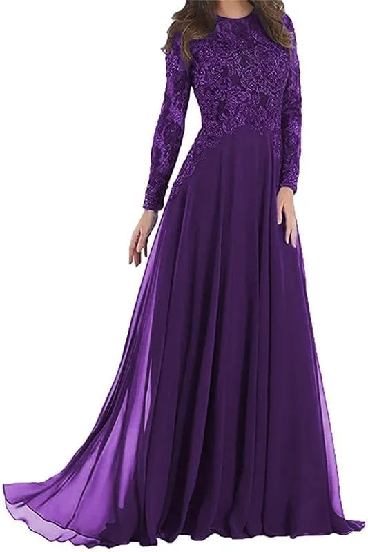 Lace Mother of The Bride Dresses for Wedding Long Sleeves Chiffon Formal Evening Gown Long Beaded A-Line Guest Dress