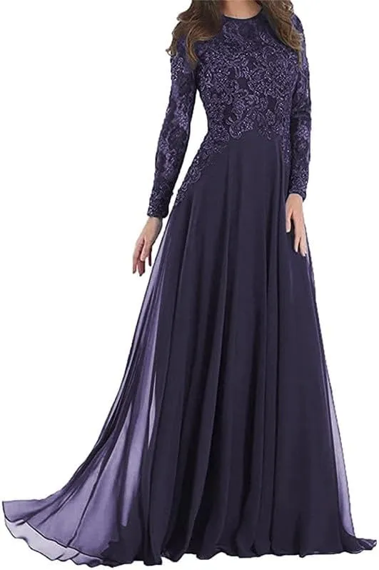 Lace Mother of The Bride Dresses for Wedding Long Sleeves Chiffon Formal Evening Gown Long Beaded A-Line Guest Dress