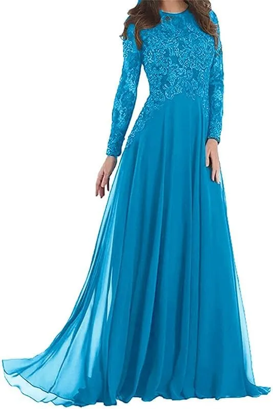 Lace Mother of The Bride Dresses for Wedding Long Sleeves Chiffon Formal Evening Gown Long Beaded A-Line Guest Dress