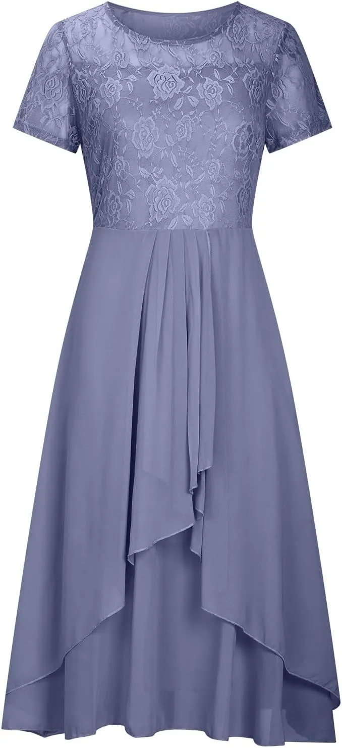 Lace Wedding Guest Dresses for Women Summer Elegant Lace Patchwork Party Dress Chiffon Formal Evening Dress