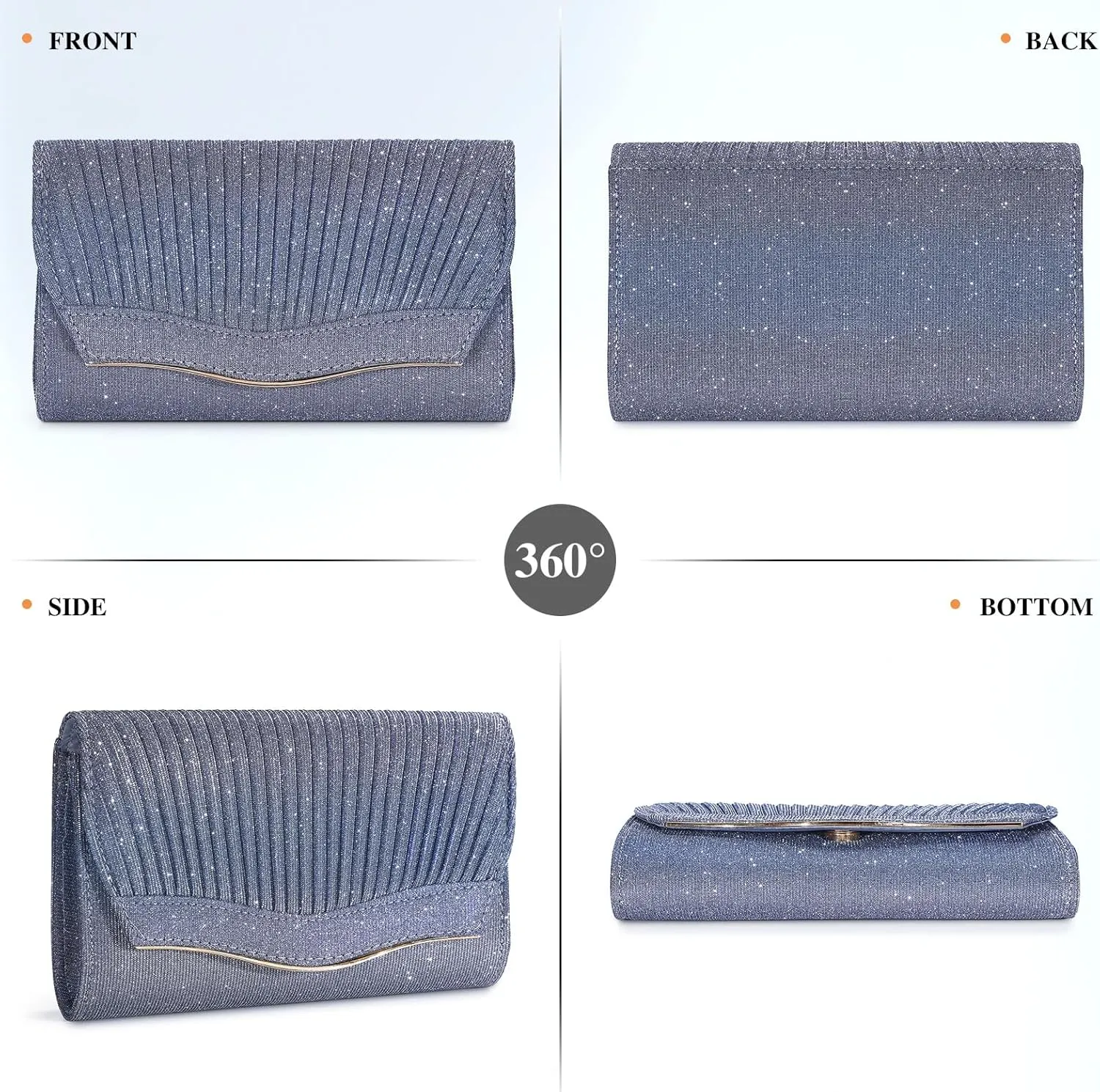 Ladies Pleated Evening Clutches Glitter Envelope Handbag Elegant Small Shoulder Bag for Wedding Party Prom Bridal