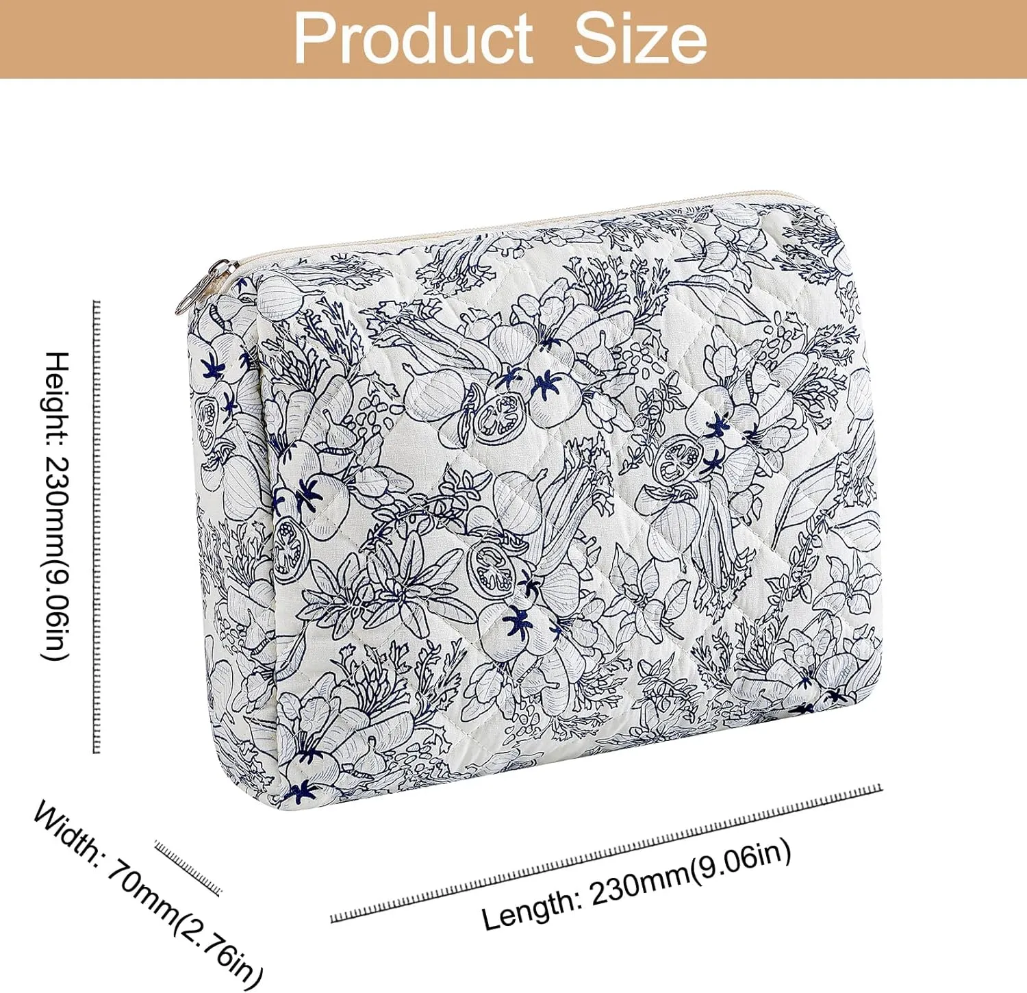 Large Travel Makeup Bag Cosmetic Bag for Women Girls, Cute Large Floral Cotton Cosmetic Bag, Zipper Toiletry Bag Makeup Brushes Accessories Organizer Storage Bag (Navy Blue Flower)