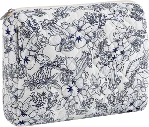 Large Travel Makeup Bag Cosmetic Bag for Women Girls, Cute Large Floral Cotton Cosmetic Bag, Zipper Toiletry Bag Makeup Brushes Accessories Organizer Storage Bag (Navy Blue Flower)