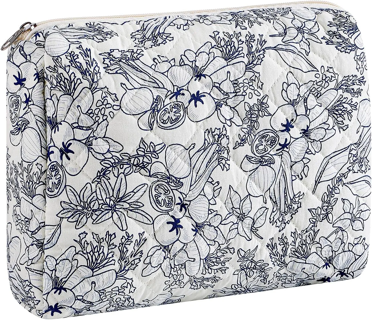 Large Travel Makeup Bag Cosmetic Bag for Women Girls, Cute Large Floral Cotton Cosmetic Bag, Zipper Toiletry Bag Makeup Brushes Accessories Organizer Storage Bag (Navy Blue Flower)