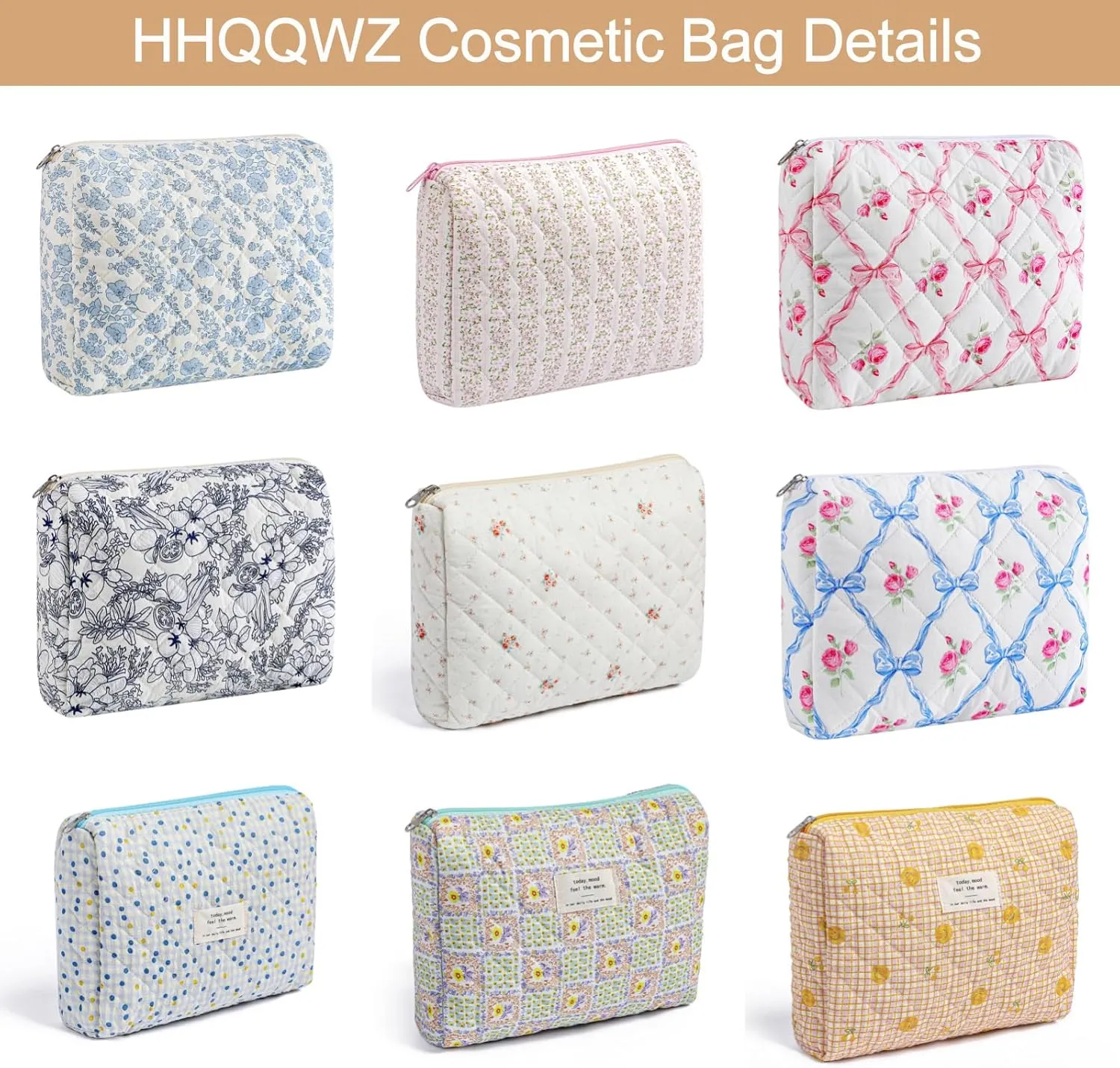 Large Travel Makeup Bag Cosmetic Bag for Women Girls, Cute Large Floral Cotton Cosmetic Bag, Zipper Toiletry Bag Makeup Brushes Accessories Organizer Storage Bag (Navy Blue Flower)