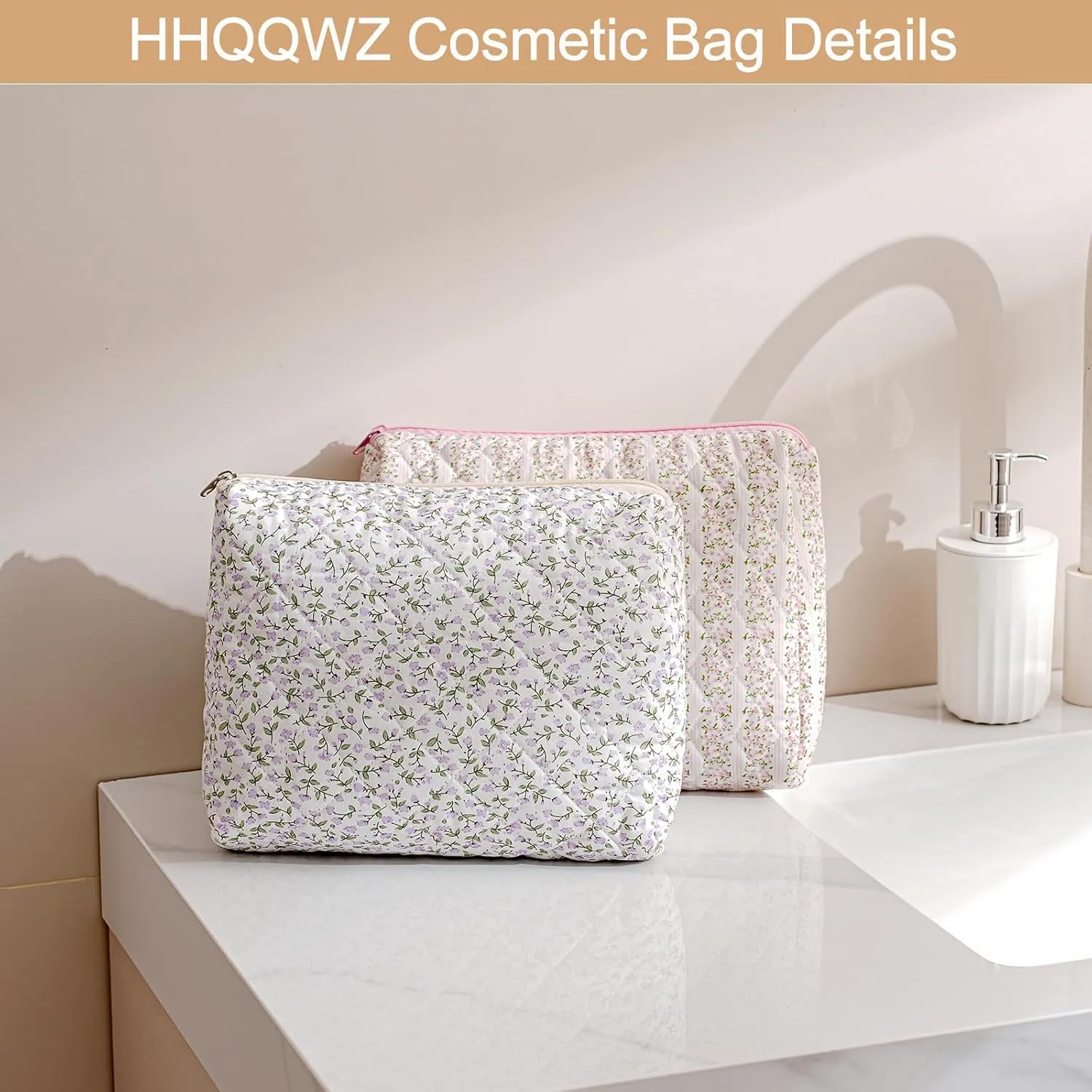 Large Travel Makeup Bag Cosmetic Bag for Women Girls, Cute Large Floral Cotton Cosmetic Bag, Zipper Toiletry Bag Makeup Brushes Accessories Organizer Storage Bag (Navy Blue Flower)