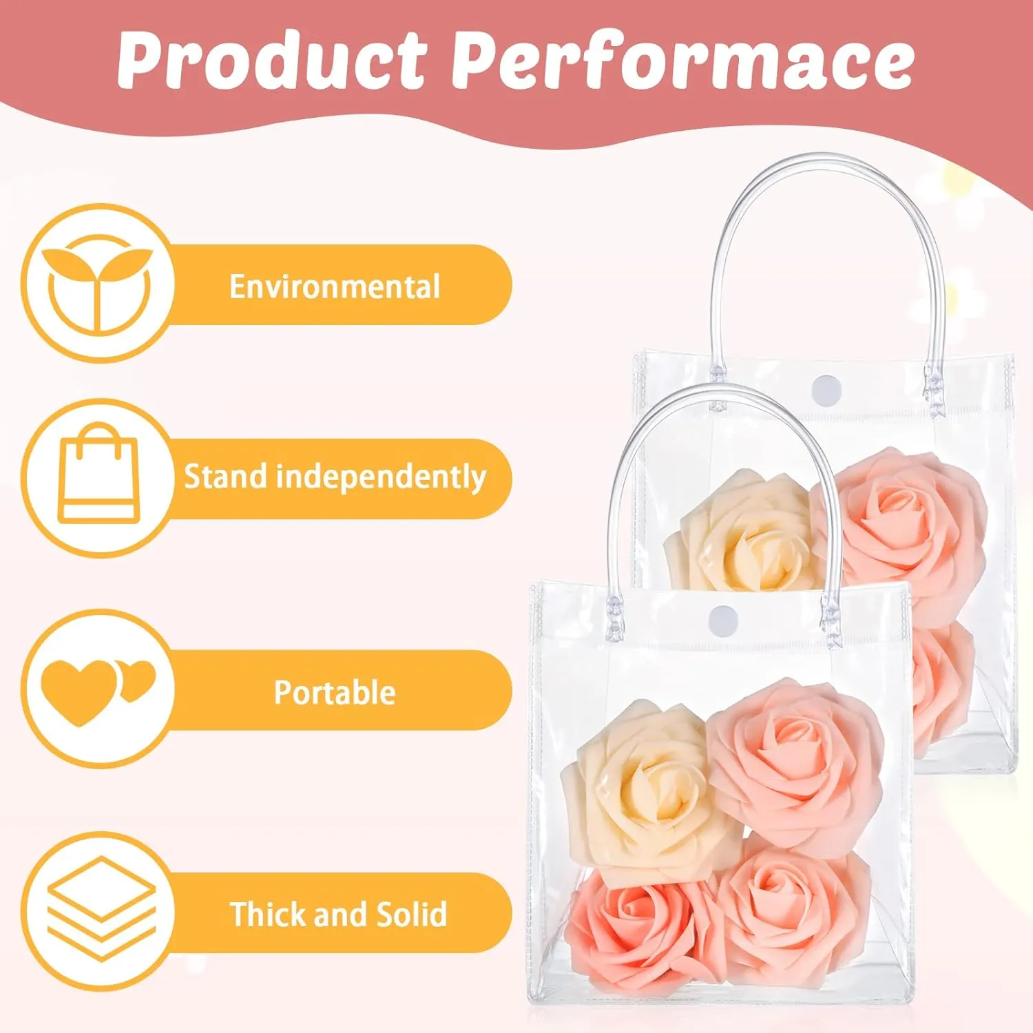 LEIFIDE 50pcs Clear Plastic Gift Bags with Handles PVC Reusable Transparent Totes Bags for Goodie Candy School Birthday Party(5.9 x 6.3 x 2.8 Inch)