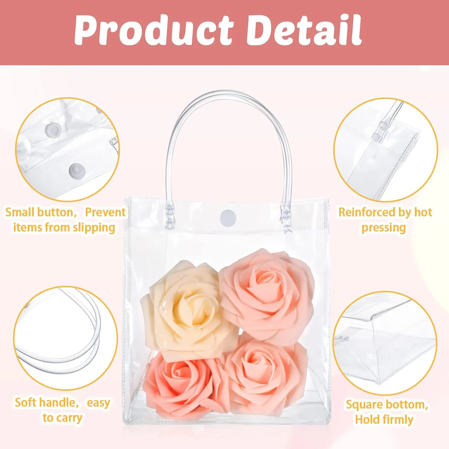 LEIFIDE 50pcs Clear Plastic Gift Bags with Handles PVC Reusable Transparent Totes Bags for Goodie Candy School Birthday Party(5.9 x 6.3 x 2.8 Inch)