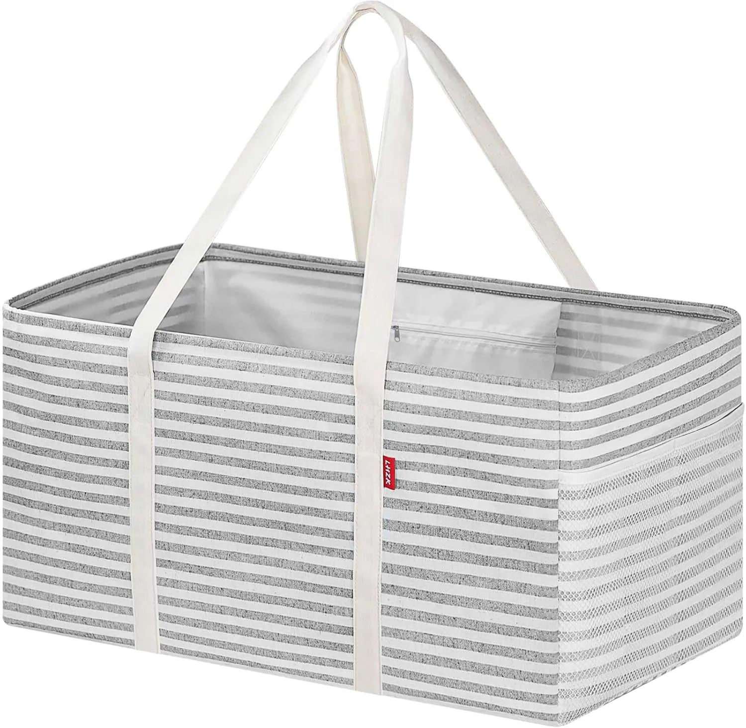 LHZK Standing Extra Large Utility Tote Bag with Metal Wire Frame and the Sides Rinforced, Extra Large Tote Bag with Handle, Reusable Grocery Bags Foldable, Beach Bag, Car Tote (Grey, 26''x15''x13'')