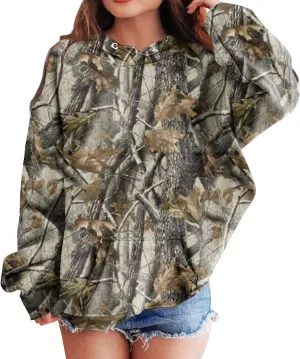 Light Camo Hoodies for Teen Girls Cute Sweatshirt Maple Leaf Print Oversized Fleece Sweatshirts Pullover Tops with Pocket