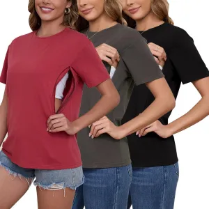 Liu & Qu 3-Pack Breastfeeding Shirts for Women with Hidden Zippers Short Sleeve Maternity Nursing Tops
