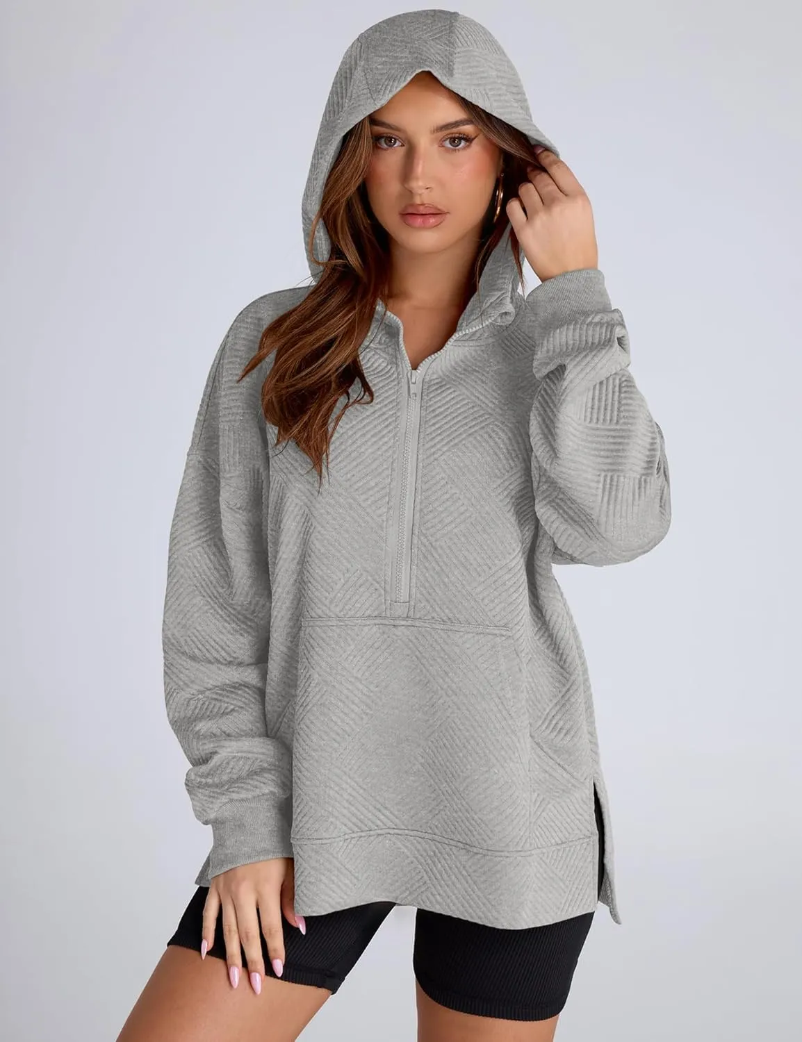 LOMON Womens Oversized Half Zip Hoodies Long Sleeve Textured Casual Sweatshirts Loose Fall Pullover Tops with Pockets