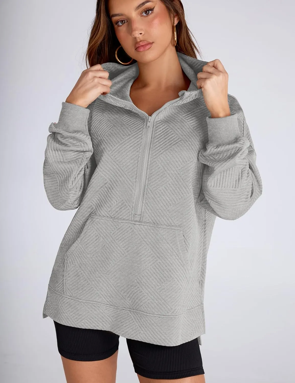 LOMON Womens Oversized Half Zip Hoodies Long Sleeve Textured Casual Sweatshirts Loose Fall Pullover Tops with Pockets
