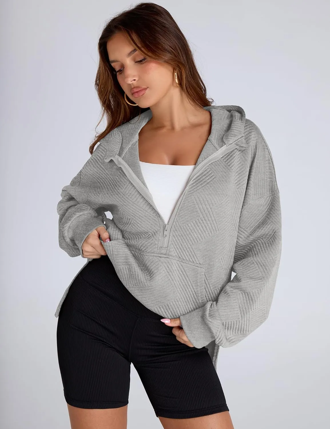LOMON Womens Oversized Half Zip Hoodies Long Sleeve Textured Casual Sweatshirts Loose Fall Pullover Tops with Pockets