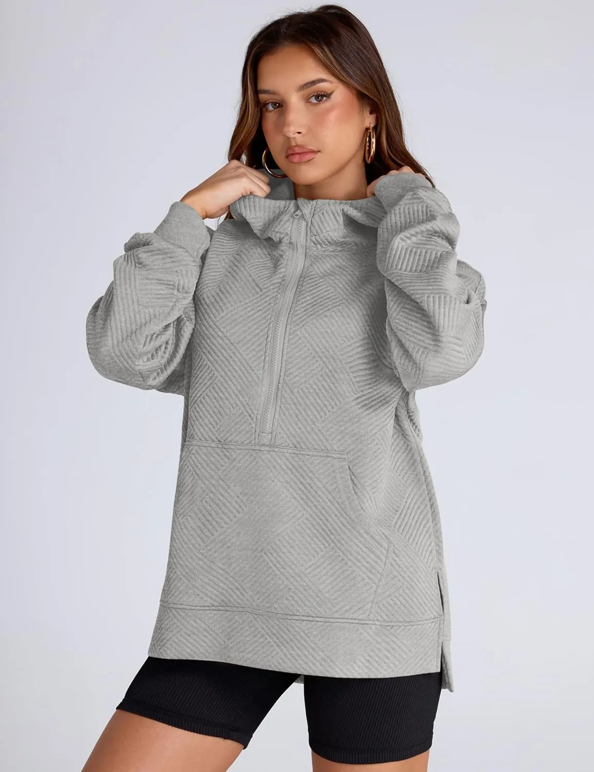 LOMON Womens Oversized Half Zip Hoodies Long Sleeve Textured Casual Sweatshirts Loose Fall Pullover Tops with Pockets