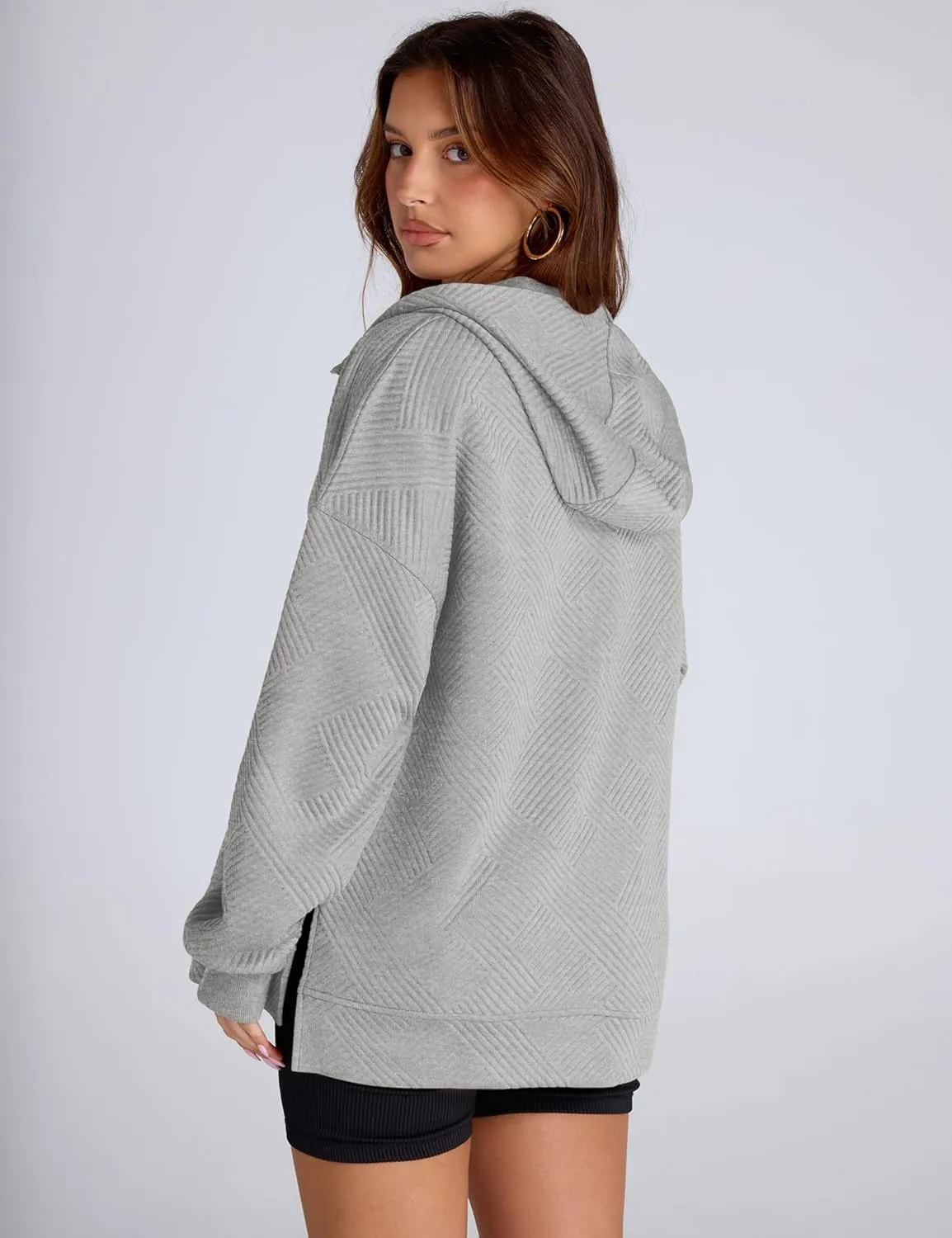 LOMON Womens Oversized Half Zip Hoodies Long Sleeve Textured Casual Sweatshirts Loose Fall Pullover Tops with Pockets