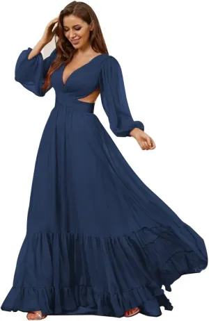 Long Sleeve Chiffon Bridesmaid Dresses for Wedding V Neck Ruffle Formal Dresses Maxi Chiffon Prom Dress Guest Gown