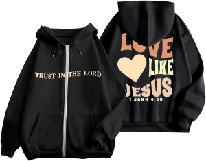 Love Like Jesus Zip Up Christian Hoodies for Women Bible Verse Graphic Y2K Hooded Sweatshirt Coat Fall Fashion Comfort Hoodie