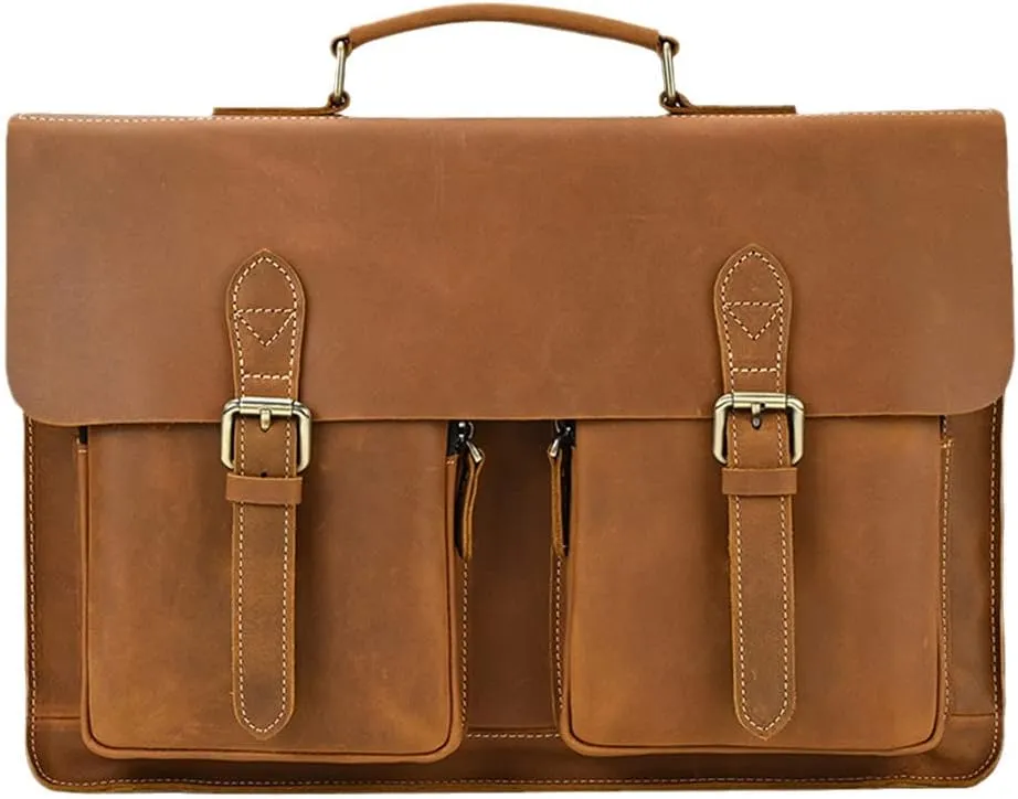 Luxury 100% Genuine Leather Men 15.6" Briefcase Cow Leather Laptop Bag Vintage Shoulder Bag Computer Bag